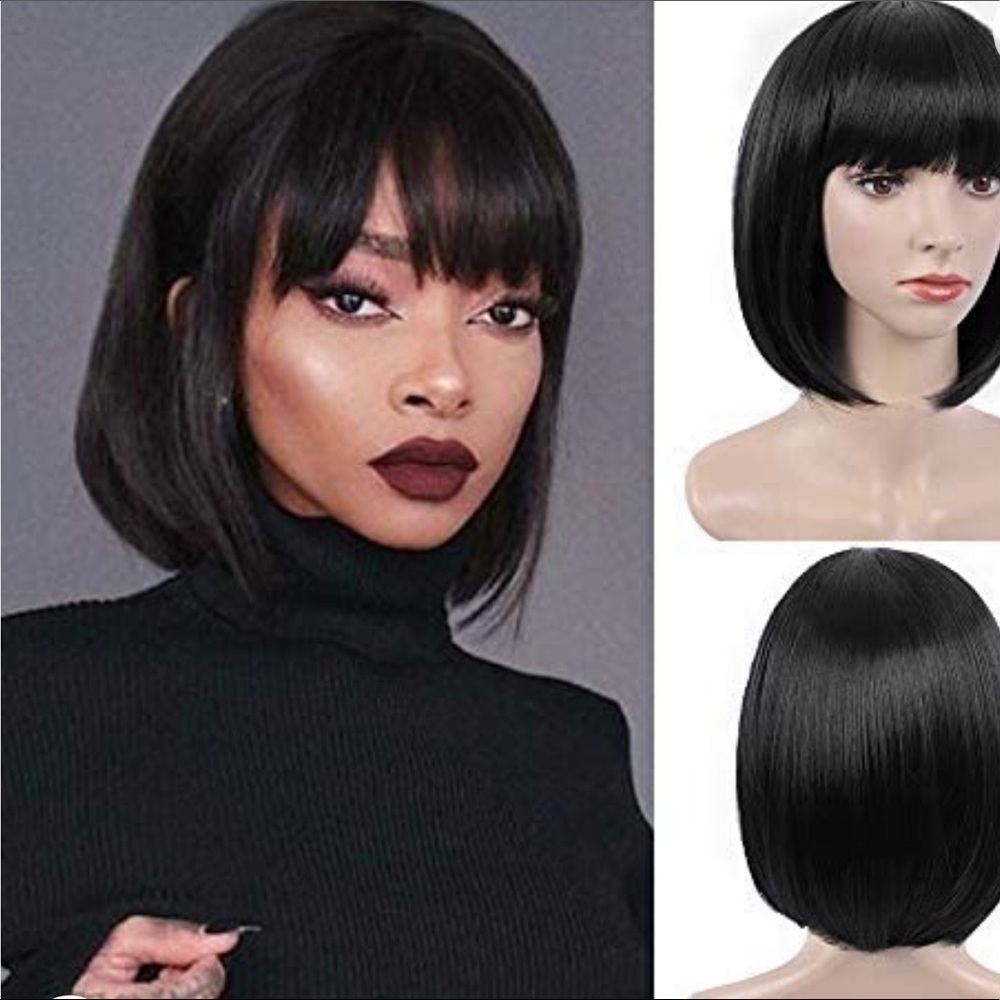 𝅺short black bob wig with bangs